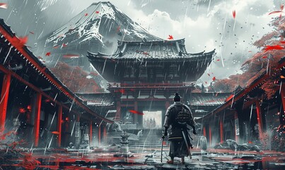 a epic samurai with a weapon sword standing in front of a old japanese temple shrine. rainy day with grey sky and tones. asian culture. pc desktop wallpaper background 16:9 AI