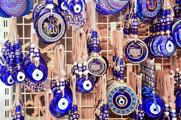 Handcrafted Blue Glass Evil Eye Amulets Displayed at Turkish Bazaar