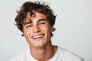 Fototapeta premium a professional portrait studio photo of a cute white american boy child model with perfect clean teeth laughing and smiling. isolated on white background. for ads and web design. Generative AI
