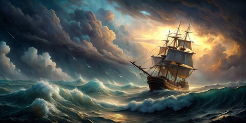 Dramatic painting of a ship battling stormy sea , ship, storm, sea, dark clouds, crashing waves, dramatic, painting