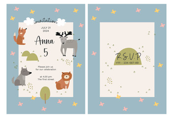 Kids birthday invitation with forest animals in flat hand drawn style. Printable vector template design of childish card for baby shower celebration. Fox, deer, bear, wolf.