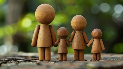 Wooden family figurines holding hands in a lush garden setting