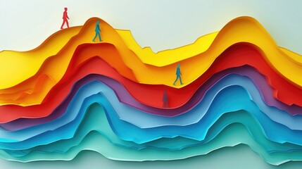 Paper figures in blue, yellow, and orange a playful paper-craft style