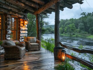 Obraz premium Tranquil riverside cabin porch on a rainy afternoon.