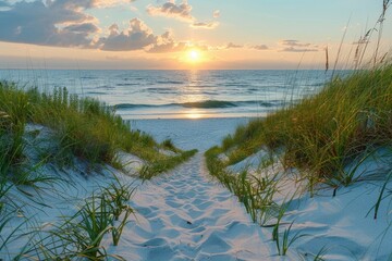 Trail leading down to a white sand beach, sunset over the serene beach