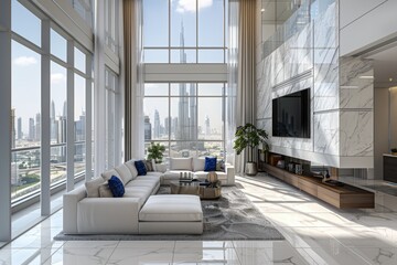 Contemporary living room showcasing a panoramic city view, luxurious furniture, large windows