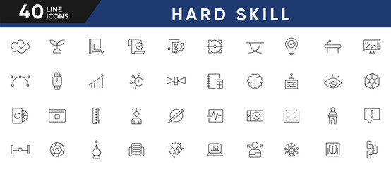 Hard skill line icon set. Leadership, Communication, target, Core values, teamwork, goal, education, skills, career, management, leadership, and business training outline icon set. Ui thin icons pack.