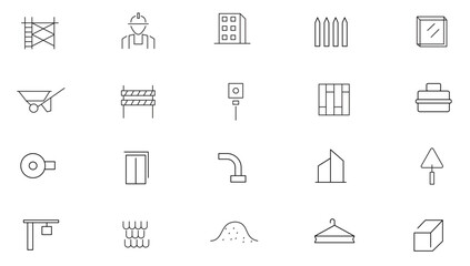 Build and construction line icon set. Home repair, purchase, and sale, builder, insurance, measure, skyscrapers, school, renovation, rent, contract, agency outline icon collection. UI thin icon