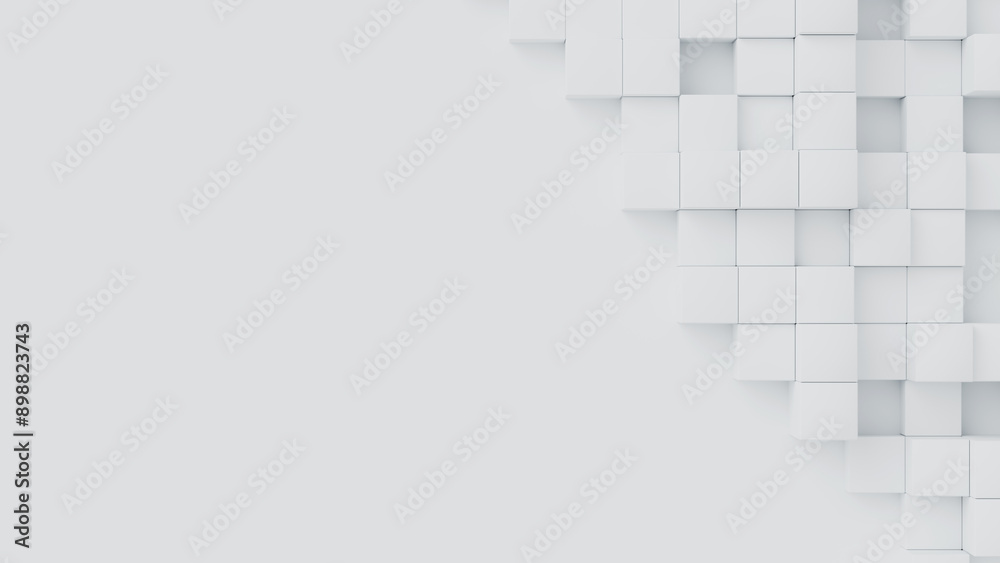 Poster white cubes with random size on white backdrop. a place for text on the left. abstract 3d render ill