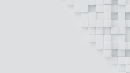 White cubes with random size on white backdrop. A place for text on the left. Abstract 3d render illustration geometrical concept background.