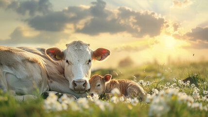A cute baby cow is laying next to the mother in in pasture during the day with a beautiful skyscape; a spring background with copy space and sun rays 