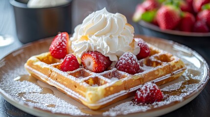 Delicious vanilla waffles topped with ice cream and whipped cream served with fresh strawberries