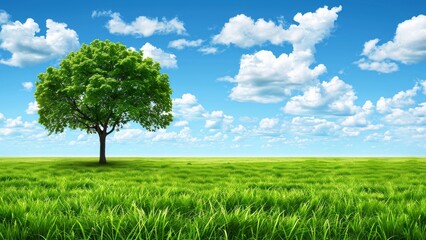 Obraz premium Green meadow and tree on blue sky background. 3d rendering