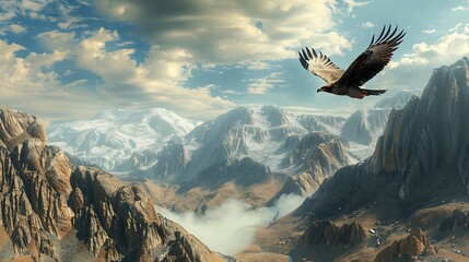 Fototapeta premium Eagle soaring high above a mountain range 