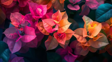 Vibrant bougainvillea blooms flourishing against dark background