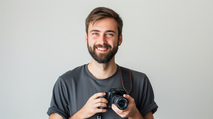 Portrait of a handsome male photographer holding a camera, smiling on a plain white background.