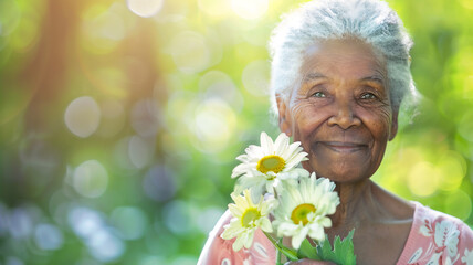 A portrait of a senior and South-African woman holding flowers; Gerbera daisy, while smiling at the camera with an isolated spring background with copy space 
