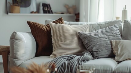 Grey throw pillows and blanket on white couch in tiny living area