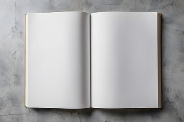 Open notebook with blank pages on grey textured background, top view. Mockup for design