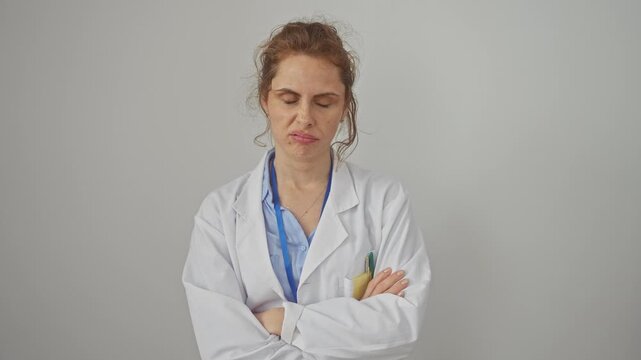 Disapproving young caucasian woman doctor with nervous skeptic face, crossed arms in a negative stance, isolated over white background