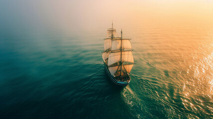 Naklejka premium A sailing boat or pirate ship with white multiple masts sailing on a calm and green ocean; an aerial top view at sunset 