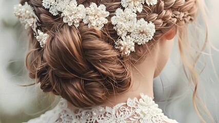 A braided updo with lace flowers carefully p throughout exuding a whimsical and coquettish aura.