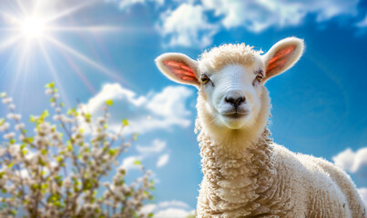 Obraz premium A cute adult sheep looking at the camera while standing in a forest during the day with a beautiful skyscape; a spring background with copy space and sun rays 