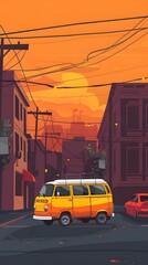 Obraz premium Sunset Cityscape with Yellow Van