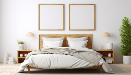 Bright Scandinavian bedroom white walls with empty frame