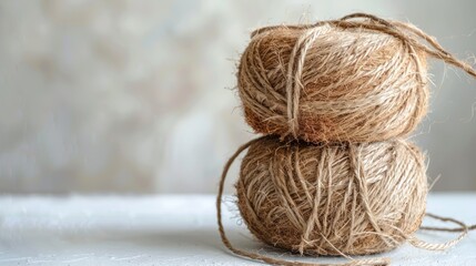 Stacked coconut twine rolls on a white surface with neutral background