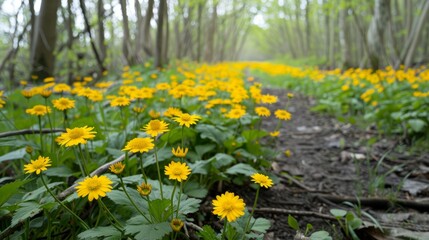 Obraz premium Yellow gagea lutea blooms flourish along woodland path in spring
