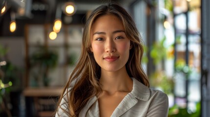 Obraz premium Female entrepreneur smiling confidently in modern office space during daytime