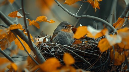 Naklejka premium Bird nesting in autumn leaves during a chilly fall day