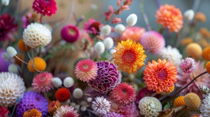 Nature inspired pompon embellishments in vibrant floral arrangement