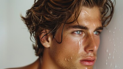 Male model styling hair with water on skin in a casual indoor setting