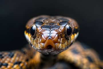 Fototapeta premium Baby Sumatrana Naja snake poised to attack close up on black background