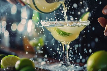 Bartender preparing margarita cocktail with salt rim in martini glass