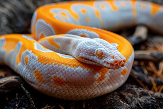 Albino motley orange glow snake ready to attack