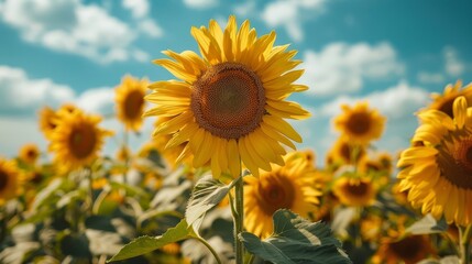 Obraz premium Blooming sunflower field under bright blue sky on a sunny day