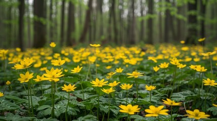 Obraz premium Yellow gagea lutea blooms flourishing in woodland under soft morning light