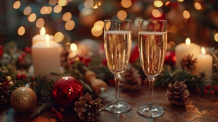 Festive holiday gathering with champagne glasses surrounded by candles and ornaments