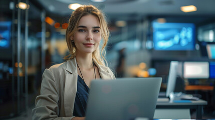 professional female executive in TV station background