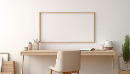 Obraz premium Bright Scandinavian home office white walls with empty frame