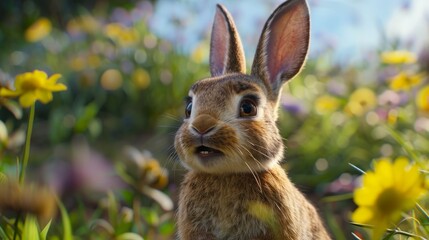 Obraz premium Charming brown rabbit in flower field during bright sunny day
