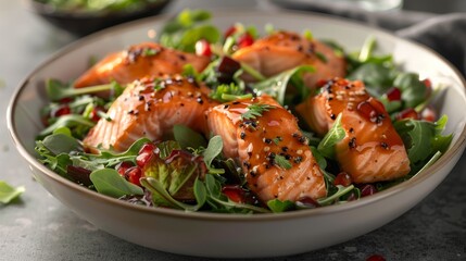 Fresh salmon salad with greens and pomegranate served in a bowl on a rustic table
