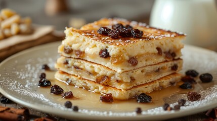 Cottage cheese and raisin stuffed pancakes on a plate with maple syrup