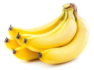Fresh bunch of ripe yellow bananas displayed on a white background in natural light