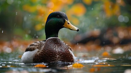 Obraz premium Duck swimming in autumn pond at bird sanctuary