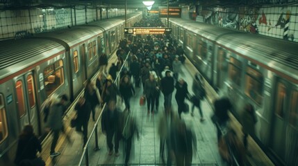 Rush Hour Commute in a Busy Metro Station: Vibrant Urban Transit Scene for Stock Photography
