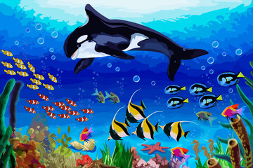 Vector illustration of the underwater world.Algae, fish and animals in color vector illustration of the underwater sea world.